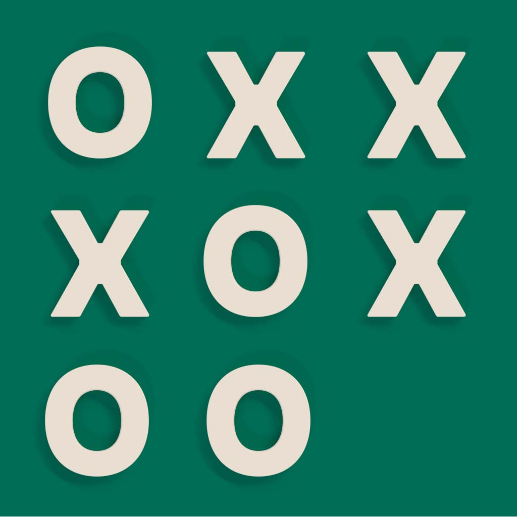 green chalkboard background with bone white alphabet magnet letters in X and O naughts and crosses